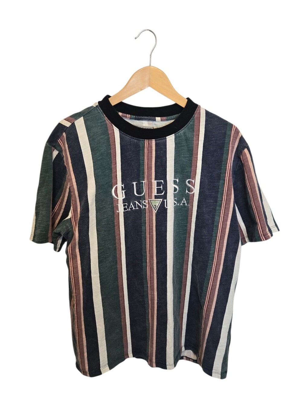 GUESS Vertical Striped Logo Tee in Navy, Green & Pink